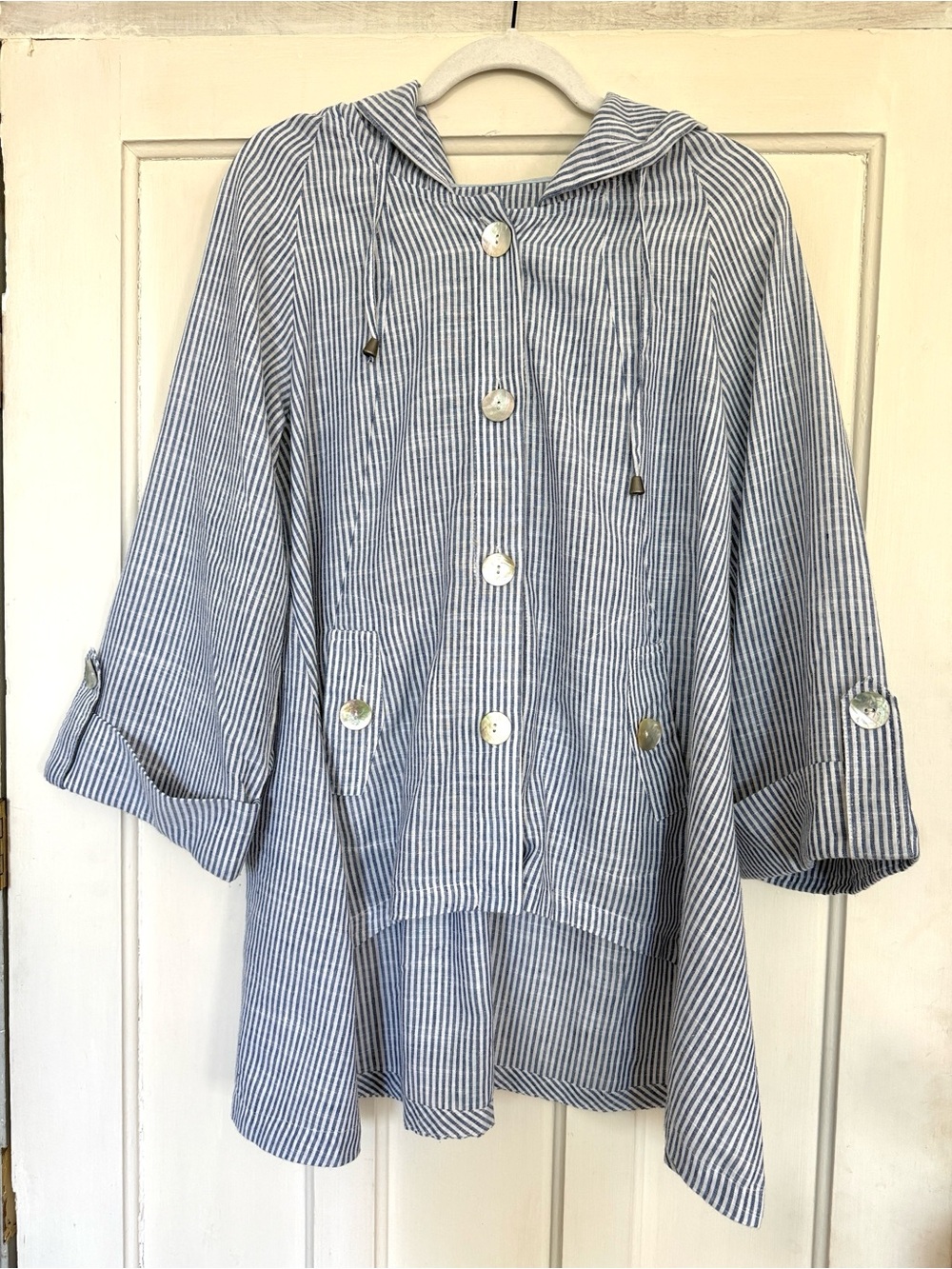 Sigrid Olsen | Linen Blend Lightweight Hooded Jacket | Blue Stripe | Size Large